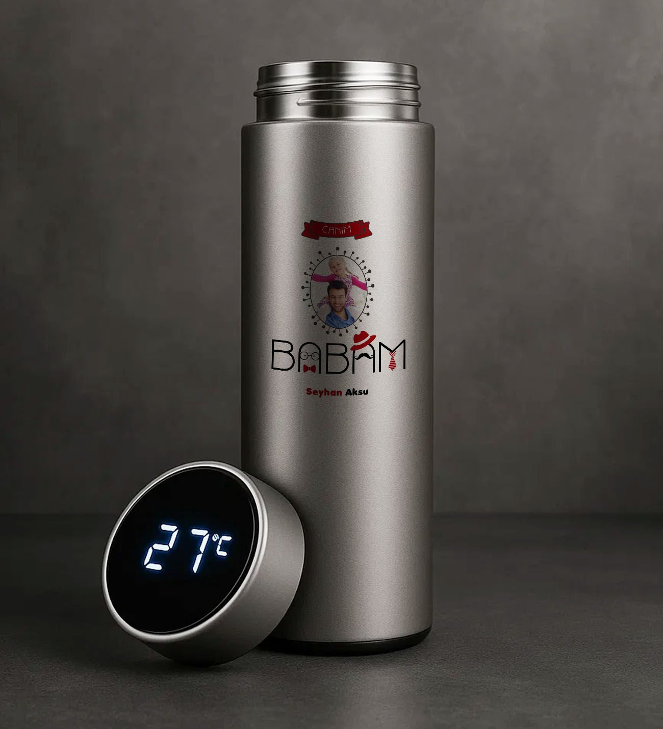 BK Gift Fotoğraflı Baba Tasarımlı Filtreli Dijital Göstergeli Gümüş Çelik Termos-2, Babaya Hediye, Babalar Günü Hediyesi