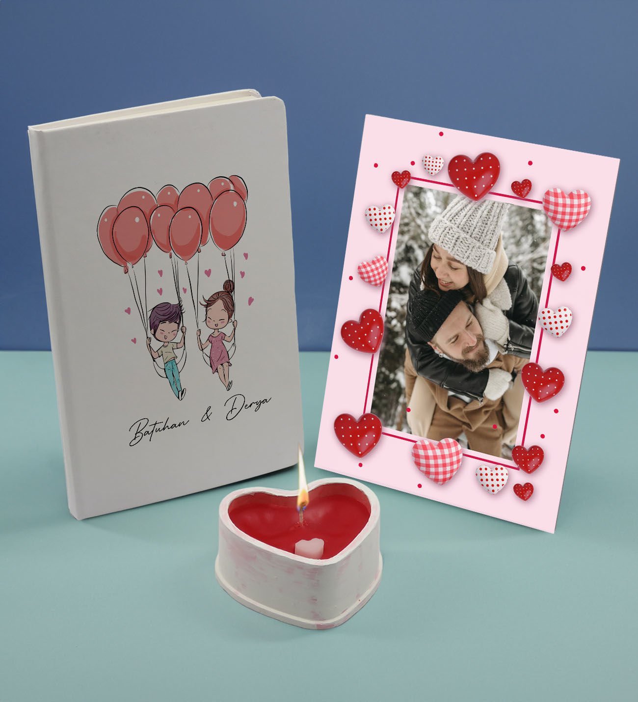 BK Gift Sevgililere Özel Beyaz Defter Dekoratif Çerçeve ve Kalp Taş Obje Kokulu Mum Hediye Seti-2, Sevgiliye Hediye, Sevgililer Günü