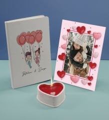 BK Gift Sevgililere Özel Beyaz Defter Dekoratif Çerçeve ve Kalp Taş Obje Kokulu Mum Hediye Seti-2, Sevgiliye Hediye, Sevgililer Günü