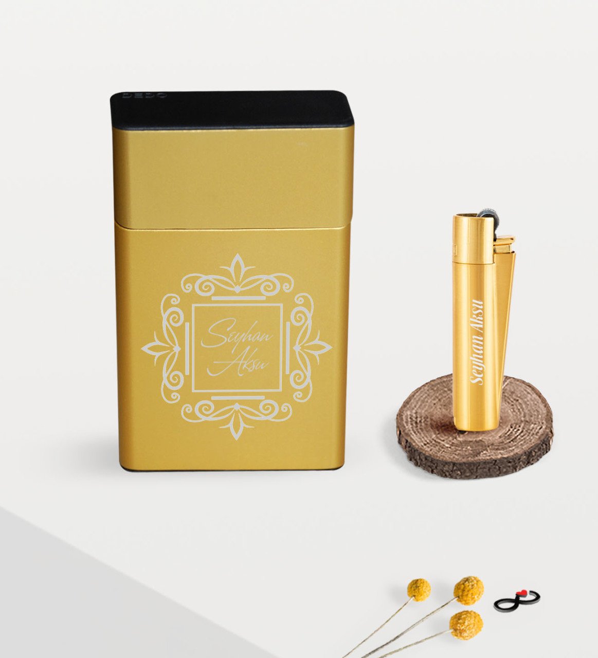 Kişiye Özel İsimli Gold Metal Sigara Tabakası ve Clipper Çakmak Seti - 1