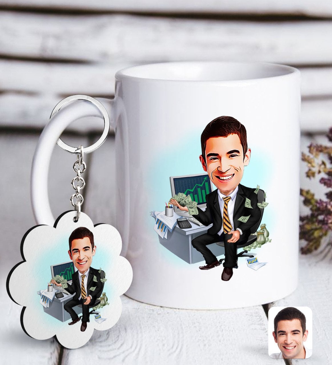 Kişiye Özel Erkek Bankacı Karikatürlü Beyaz Kupa ve Anahtarlık Hediye Seti-3