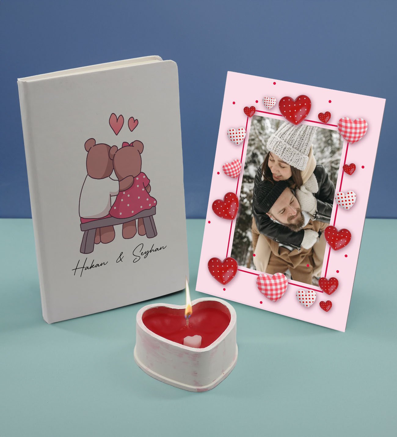 BK Gift Sevgililere Özel Beyaz Defter Dekoratif Çerçeve ve Kalp Taş Obje Kokulu Mum Hediye Seti-3, Sevgiliye Hediye, Sevgililer Günü