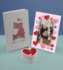BK Gift Sevgililere Özel Beyaz Defter Dekoratif Çerçeve ve Kalp Taş Obje Kokulu Mum Hediye Seti-3, Sevgiliye Hediye, Sevgililer Günü