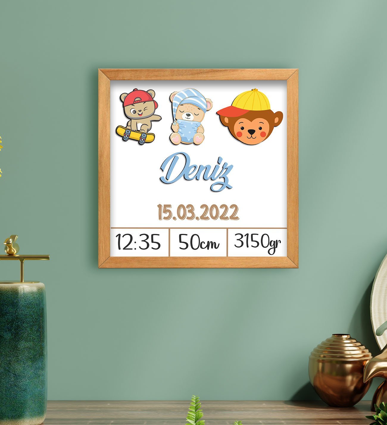 BK Gift Kabartma Figürlü Yeni Doğan Erkek Bebek Doğum Panosu Ahşap Tablo