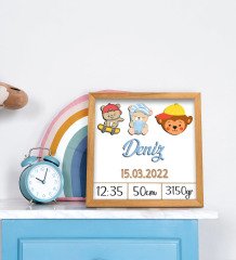 BK Gift Kabartma Figürlü Yeni Doğan Erkek Bebek Doğum Panosu Ahşap Tablo