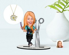 Kişiye Özel Kadın Kuaför Karikatürlü 3D Ahşap Biblo ve İsimli Tarihli Papatya Kolye Seti-1