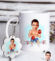 Kişiye Özel Erkek Boksör Karikatürlü Beyaz Kupa ve Anahtarlık Hediye Seti-1