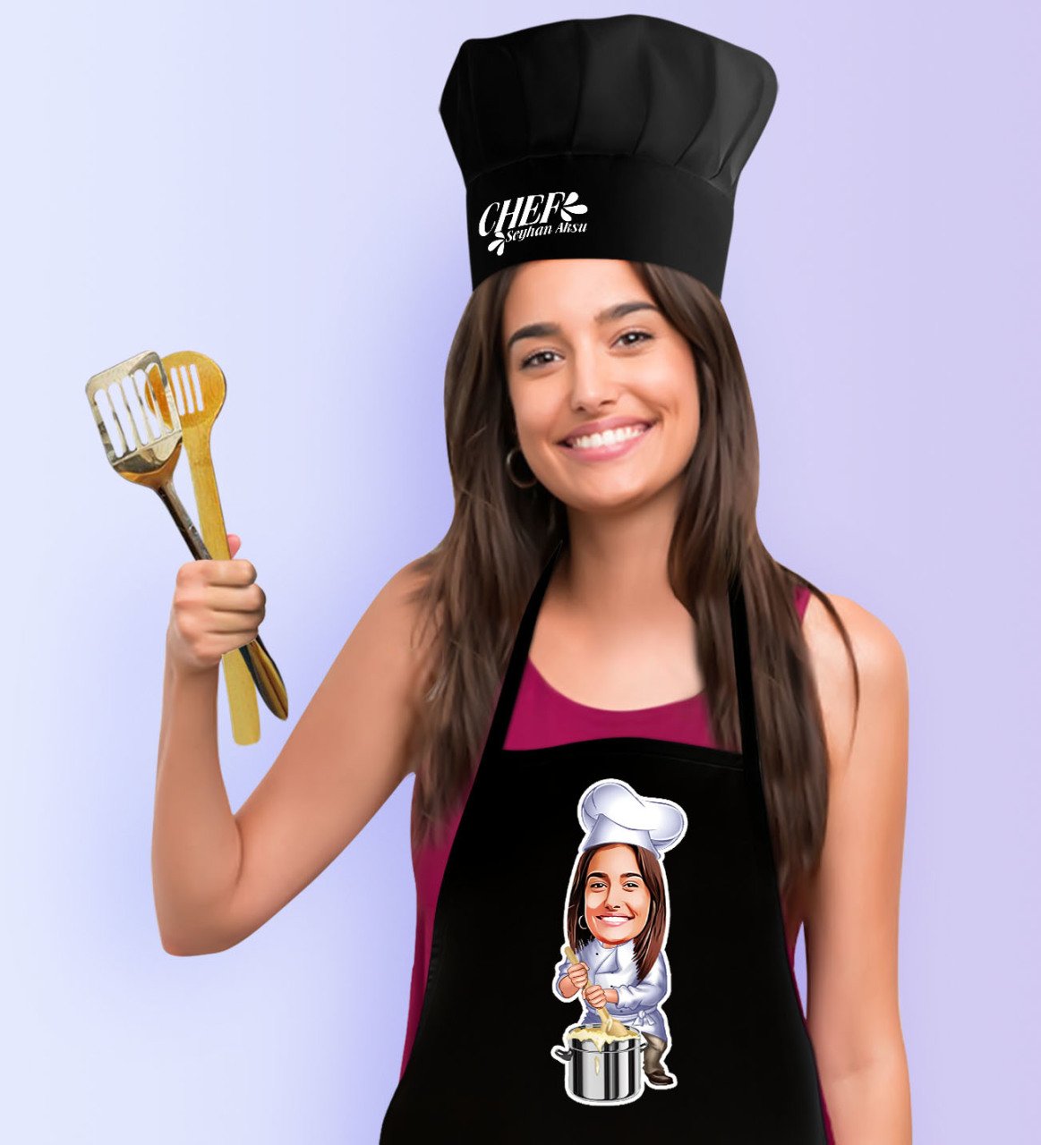 Kişiye Özel Bayan Chef Karikatürlü Siyah Mutfak Önlüğü Aşçı Şapkası Seti-1