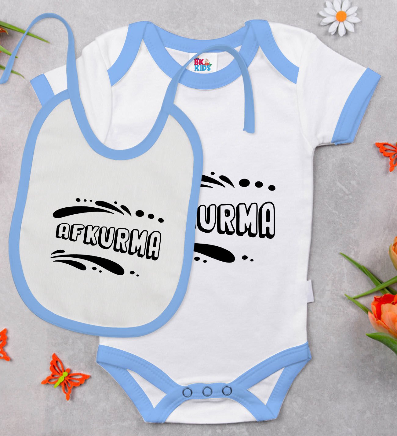 BK Kids Afkurma Tasarımlı Mavi Bebek Body Zıbın ve Mama Önlüğü Hediye Seti-1