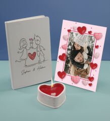 BK Gift Sevgililere Özel Beyaz Defter Dekoratif Çerçeve ve Kalp Taş Obje Kokulu Mum Hediye Seti-6, Sevgiliye Hediye, Sevgililer Günü