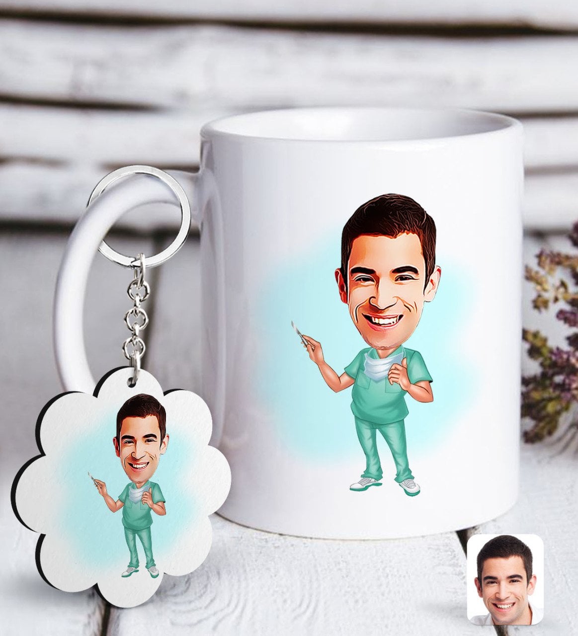 Kişiye Özel Erkek Cerrah Karikatürlü Beyaz Kupa ve Anahtarlık Hediye Seti-1