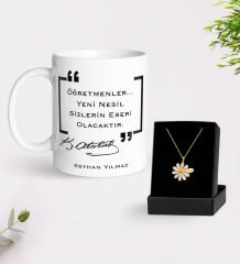 BK Gift Kişiye Özel Öğretmenler Günü Beyaz Kupa ve İsimli Papatya Kolye Hediye Seti- 14, Öğretmene Hediye, Öğretmenler Günü