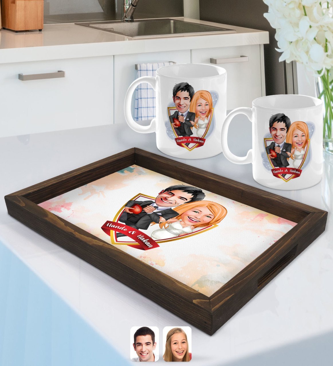 Kişiye Özel İsimli Sevgililer Karikatürlü Doğal Ahşap Tepsi ve 2’li Kupa Bardak Seti-15