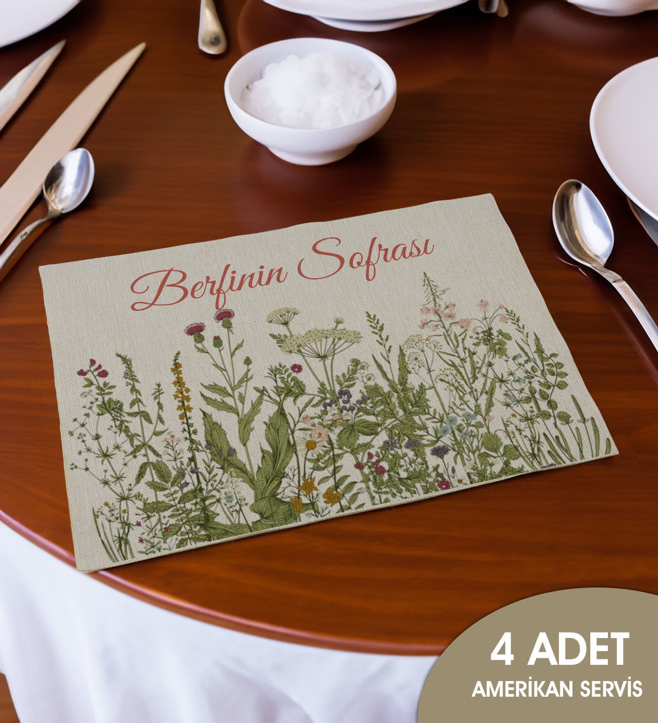 BK Gift Kişiye Özel Çiçek Tasarımlı 4’li Keten Amerikan Servis Seti-12, Ev Hediyesi,Baskılı Servis Bezi, Mutfak Dekoru