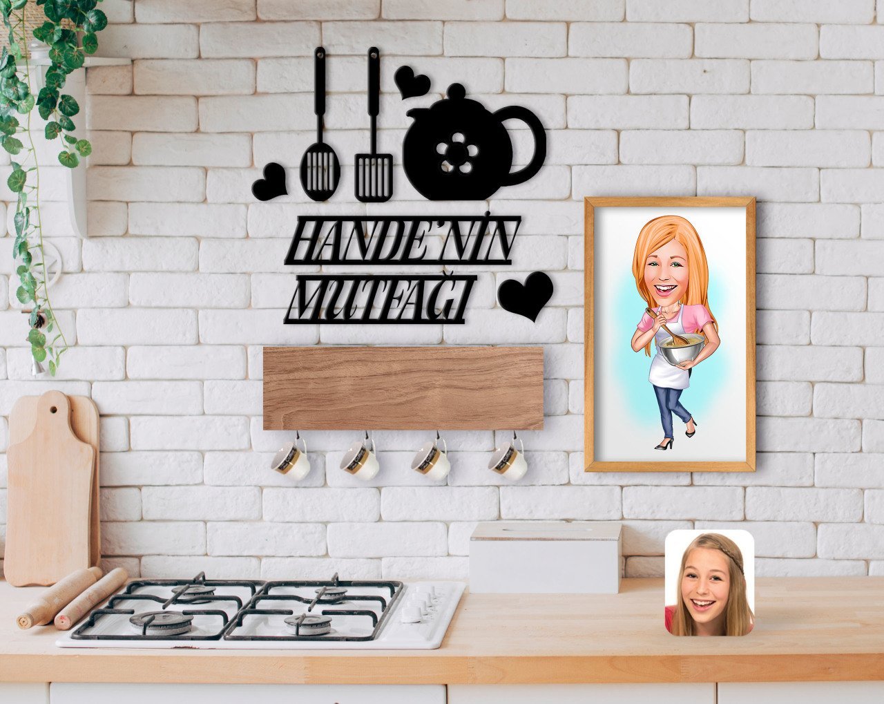 BK Home İsme Özel Mutfak Duvar Süsü Ahşap Karikatürlü Tablo ve Dekoratif Fincan Askılığı Hediye Seti-1