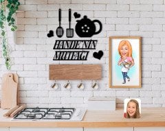 BK Home İsme Özel Mutfak Duvar Süsü Ahşap Karikatürlü Tablo ve Dekoratif Fincan Askılığı Hediye Seti-1