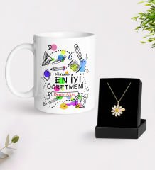 BK Gift Kişiye Özel Öğretmenler Günü Beyaz Kupa ve İsimli Papatya Kolye Hediye Seti- 15, Öğretmene Hediye, Öğretmenler Günü