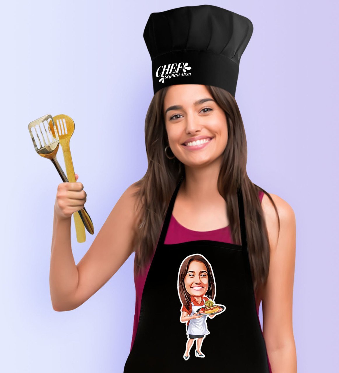 Kişiye Özel Bayan Chef Karikatürlü Siyah Mutfak Önlüğü Aşçı Şapkası Seti-3