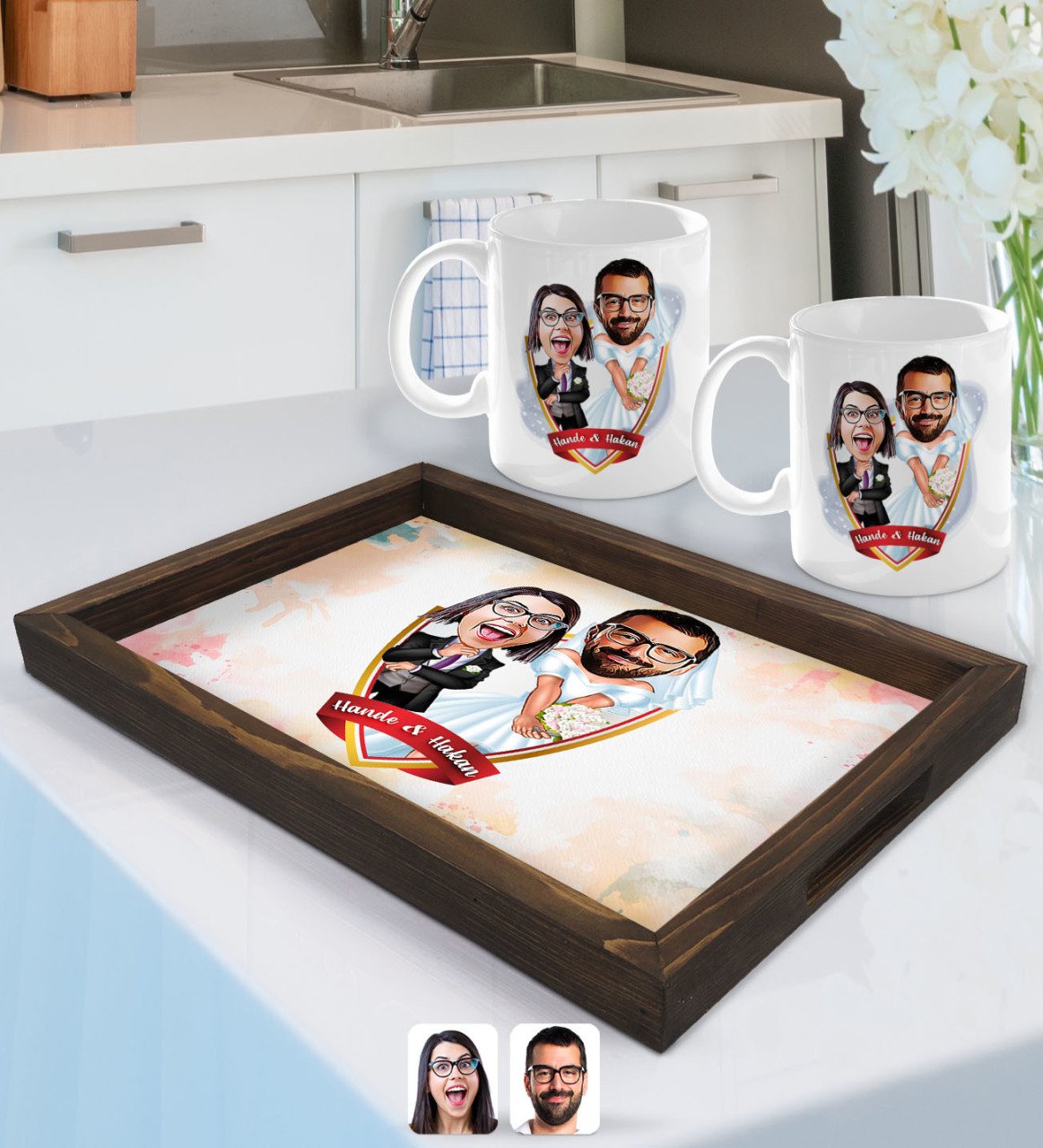 Kişiye Özel İsimli Sevgililer Karikatürlü Doğal Ahşap Tepsi ve 2’li Kupa Bardak Seti-16