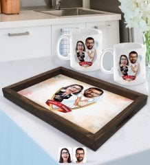 Kişiye Özel İsimli Sevgililer Karikatürlü Doğal Ahşap Tepsi ve 2’li Kupa Bardak Seti-16
