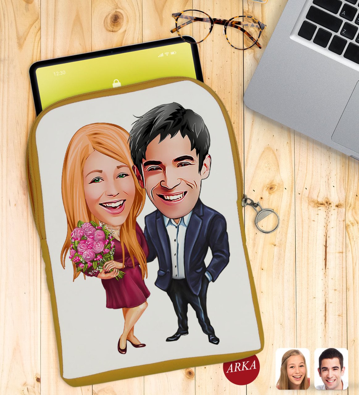 Kişiye Özel Sevgililer Karikatürlü Taşınabilir Koruyucu Tablet Kılıfı & Organizer Çanta - Sarı-94