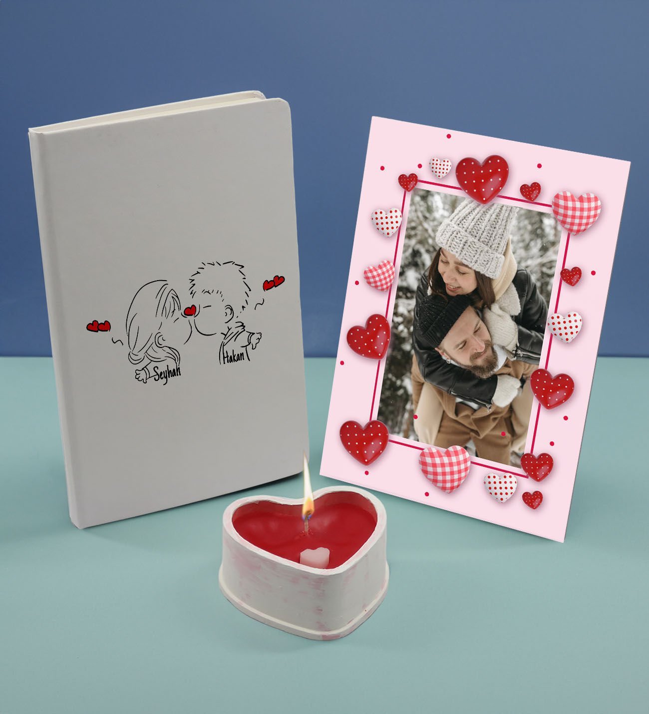 BK Gift Sevgililere Özel Beyaz Defter Dekoratif Çerçeve ve Kalp Taş Obje Kokulu Mum Hediye Seti-8, Sevgiliye Hediye, Sevgililer Günü