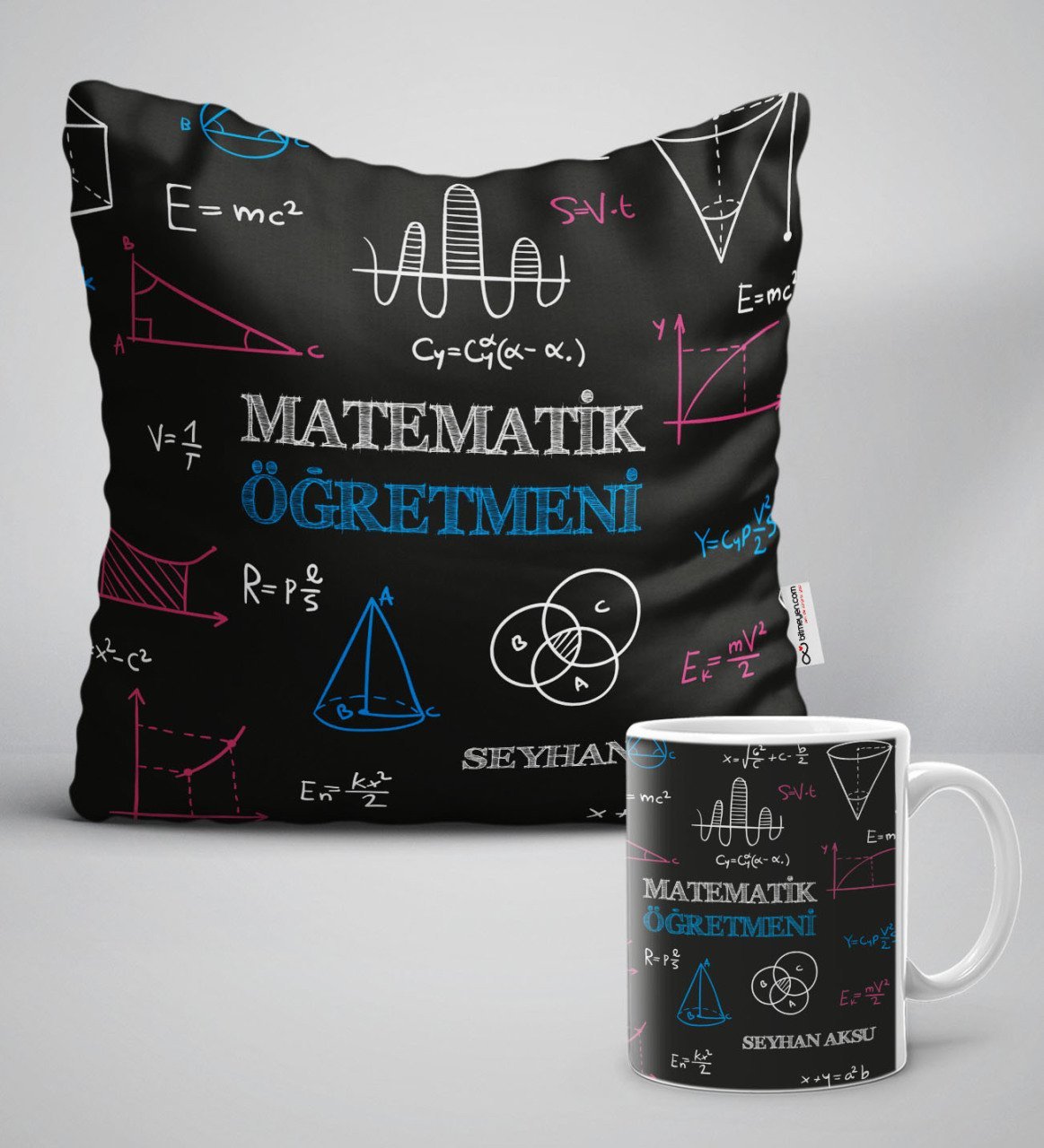 Kişiye Özel Matematik Öğretmeni Beyaz Yastık Kupa Seti-11