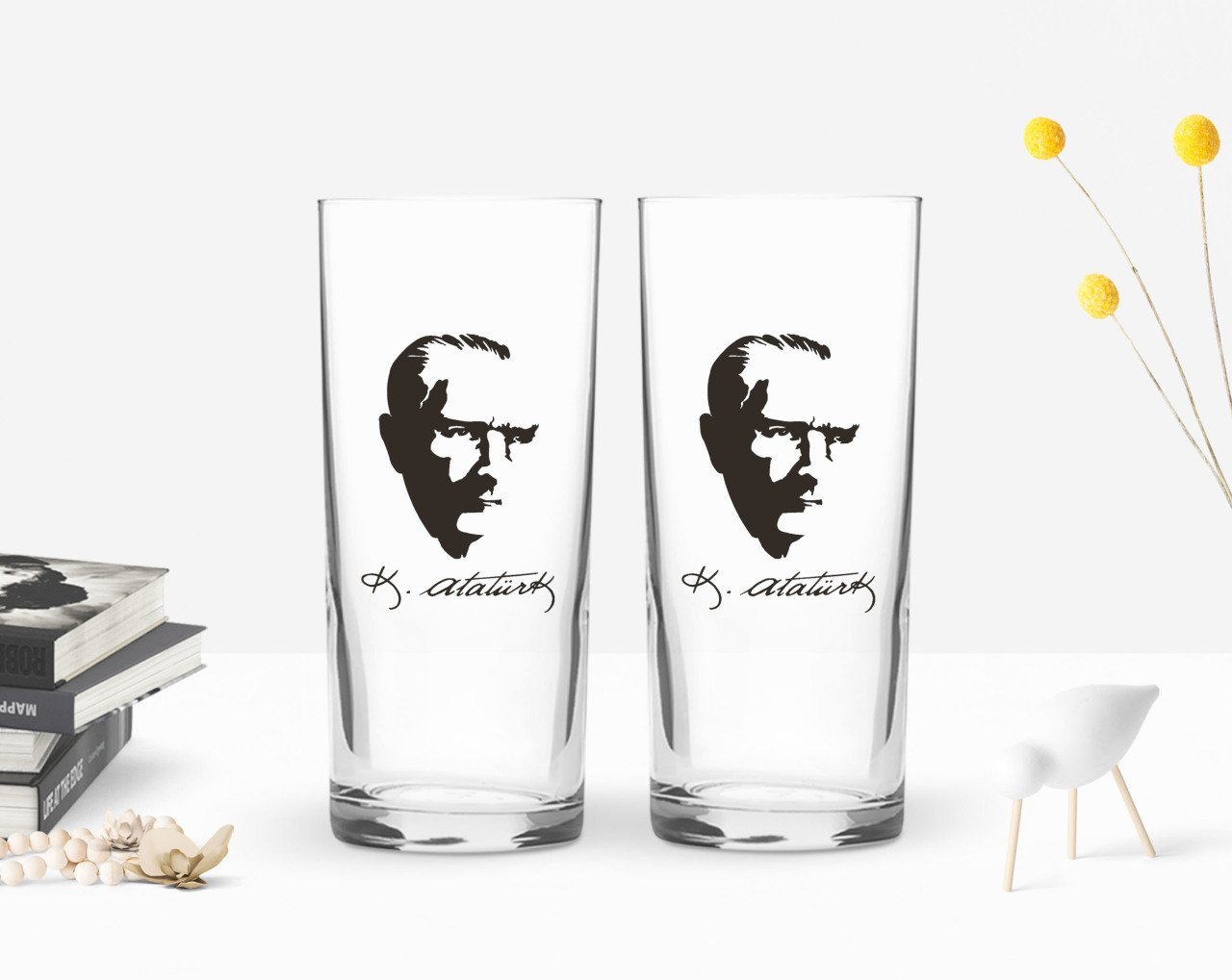 BK Home Renkli Baskılı Atatürk Temalı İkili Rakı Bardağı Seti-23