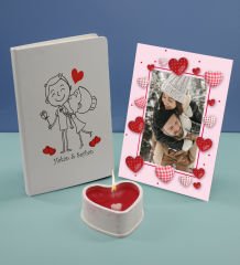 BK Gift Sevgililere Özel Beyaz Defter Dekoratif Çerçeve ve Kalp Taş Obje Kokulu Mum Hediye Seti-9, Sevgiliye Hediye, Sevgililer Günü