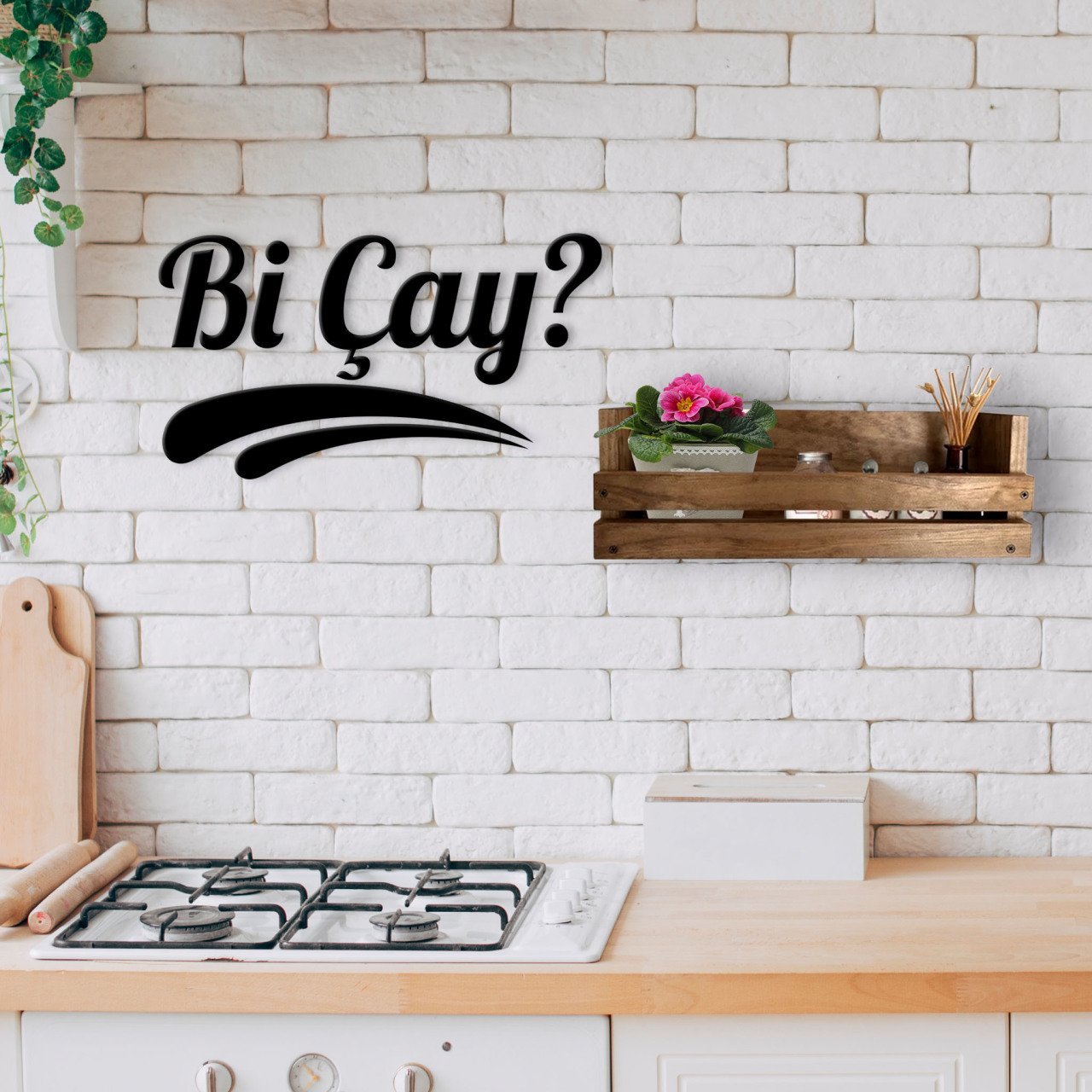 BK Home Dekoratif Doğal Ahşap Raf ve Bi Çay Duvar Süsü-1