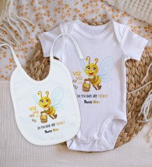 BK Kids Kişiye Özel Sevimli Arı Tasarımlı Bebek Body Zıbın ve Mama Önlüğü Hediye Seti - Model 1
