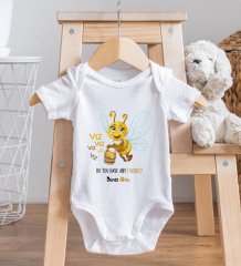 BK Kids Kişiye Özel Sevimli Arı Tasarımlı Bebek Body Zıbın ve Mama Önlüğü Hediye Seti - Model 1