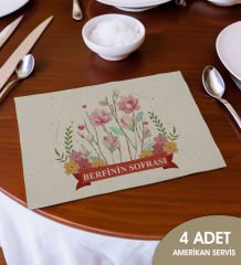 BK Gift Kişiye Özel Çiçek Tasarımlı 4’li Keten Amerikan Servis Seti-15, Ev Hediyesi,Baskılı Servis Bezi, Mutfak Dekoru