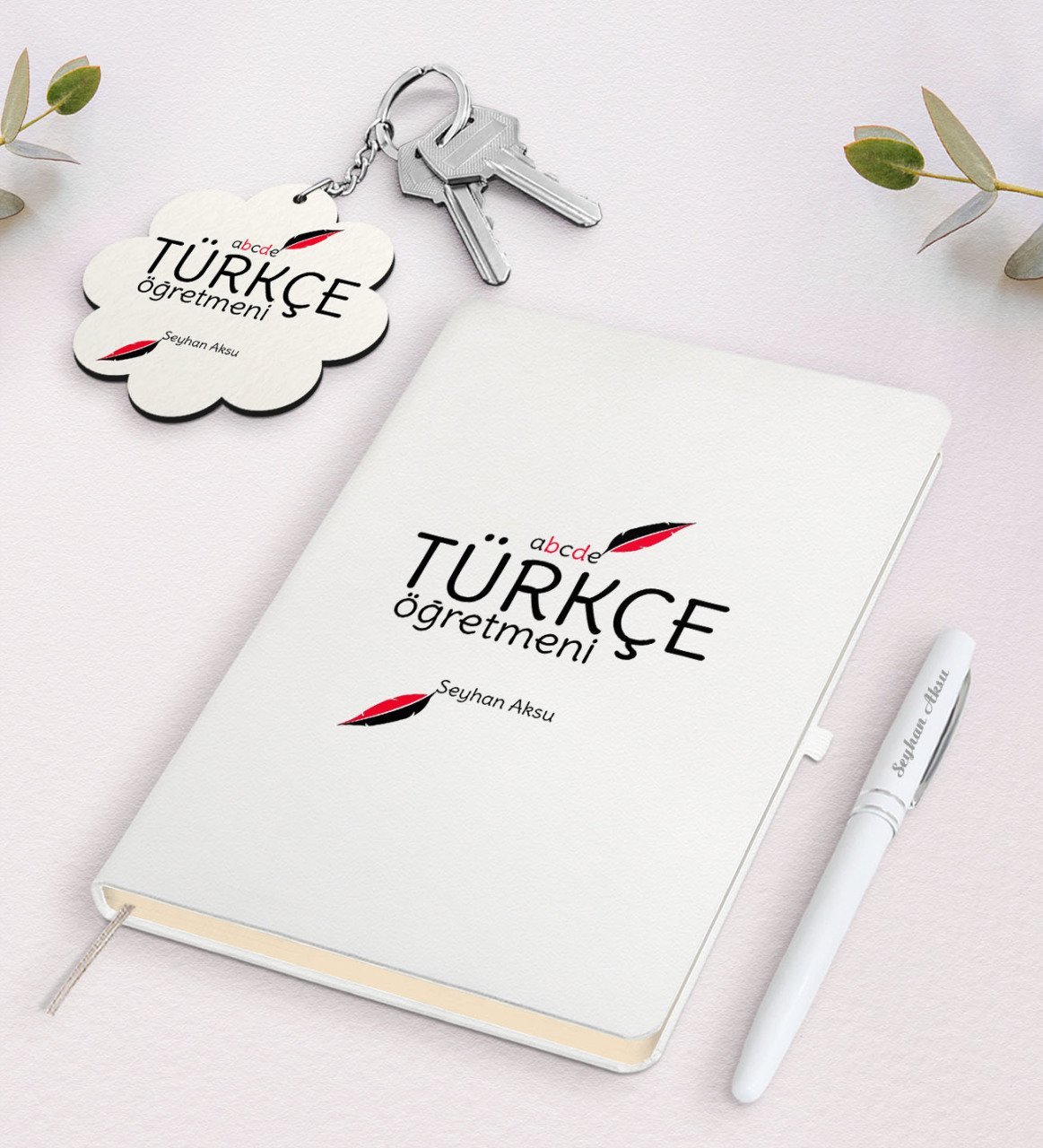 Kişiye Özel Türkçe Öğretmeni Beyaz Defter Kalem ve Anahtarlık Hediye Seti-2