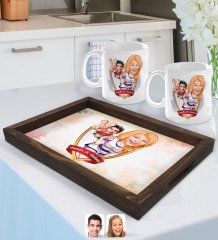 Kişiye Özel İsimli Sevgililer Karikatürlü Doğal Ahşap Tepsi ve 2’li Kupa Bardak Seti-30