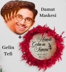BK Gift Kişiye Özel Damat Yüz Maskesi (5 adet) ve İsimli Tüylü Gelin Tefi , Kına Tefi (28cm)