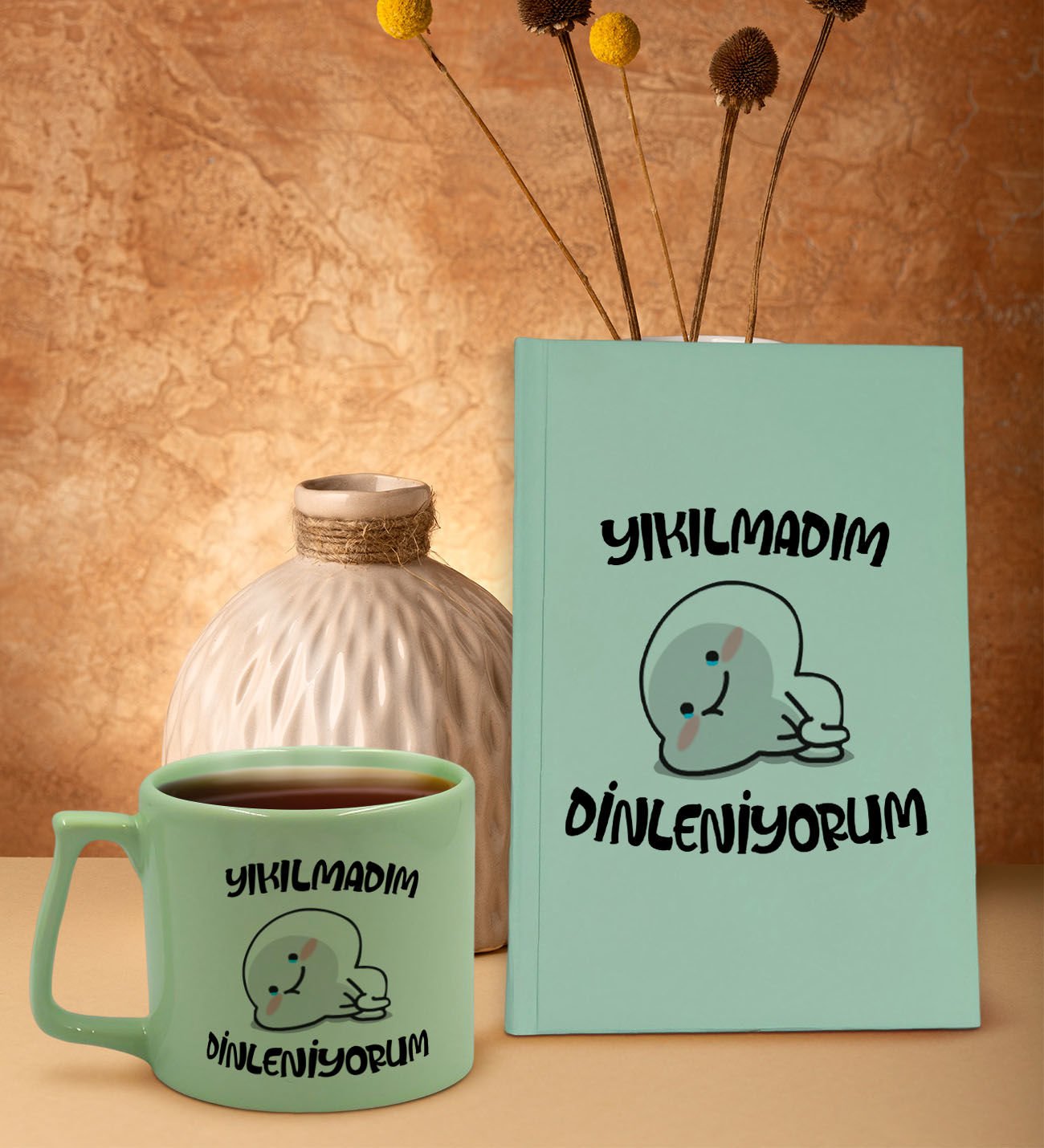 BK Gift Yeşil Sert Kapaklı Defter ve Middle Kupa Seti, Arkadaşa Hediye, Yeni İş Hediyesi, Doğum Günü Hediyesi-1