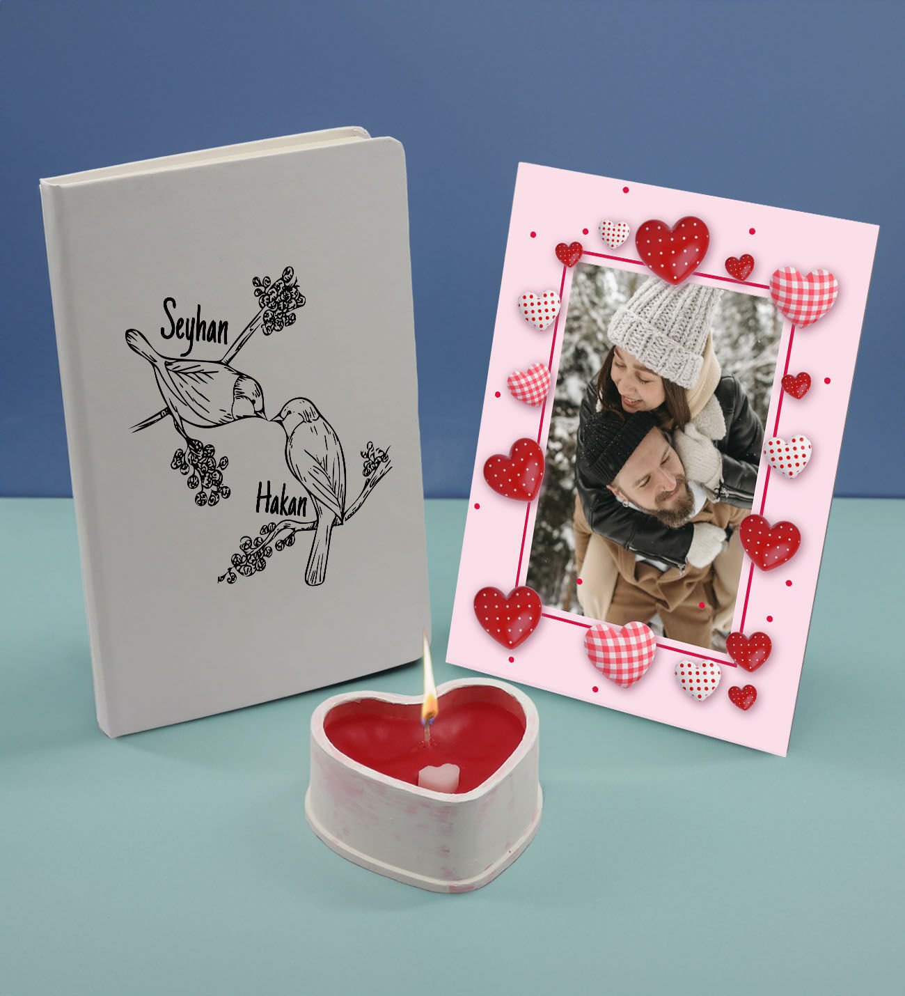 BK Gift Sevgililere Özel Beyaz Defter Dekoratif Çerçeve ve Kalp Taş Obje Kokulu Mum Hediye Seti-11, Sevgiliye Hediye, Sevgililer Günü