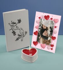 BK Gift Sevgililere Özel Beyaz Defter Dekoratif Çerçeve ve Kalp Taş Obje Kokulu Mum Hediye Seti-11, Sevgiliye Hediye, Sevgililer Günü