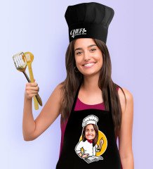 Kişiye Özel Bayan Chef Karikatürlü Siyah Mutfak Önlüğü Aşçı Şapkası Seti-12