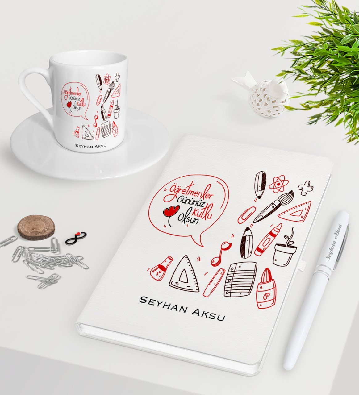 Kişiye Özel Öğretmenler Günümüz Kutlu Olsun Beyaz Defter Kalem Türk Kahvesi Fincanı Seti-2