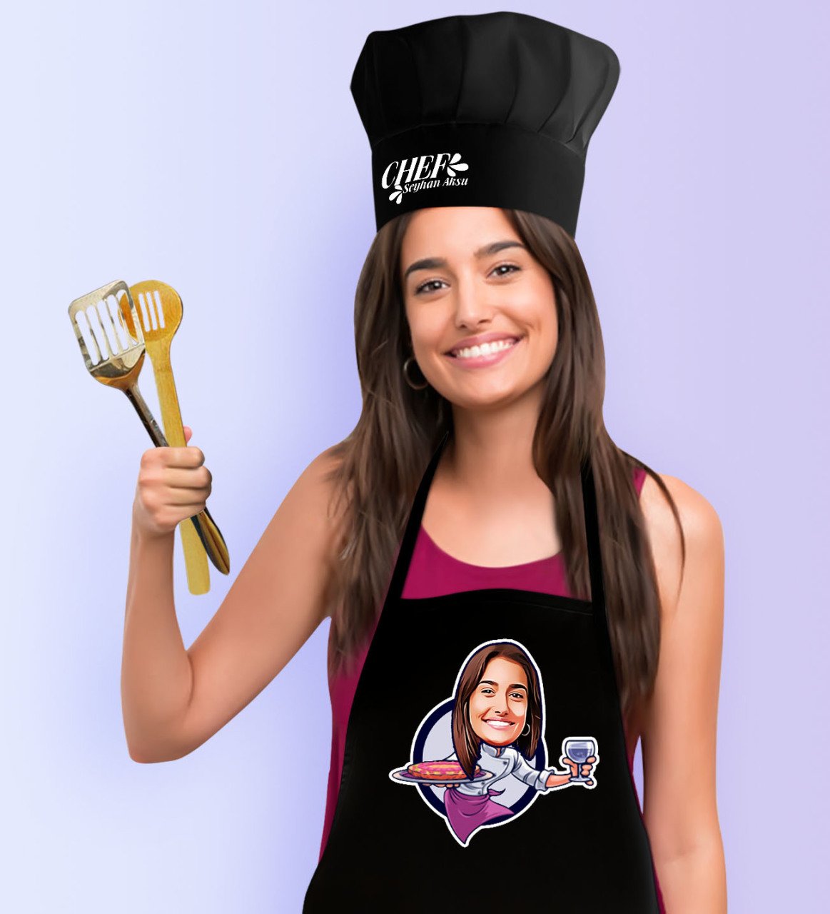 Kişiye Özel Bayan Chef Karikatürlü Siyah Mutfak Önlüğü Aşçı Şapkası Seti-13