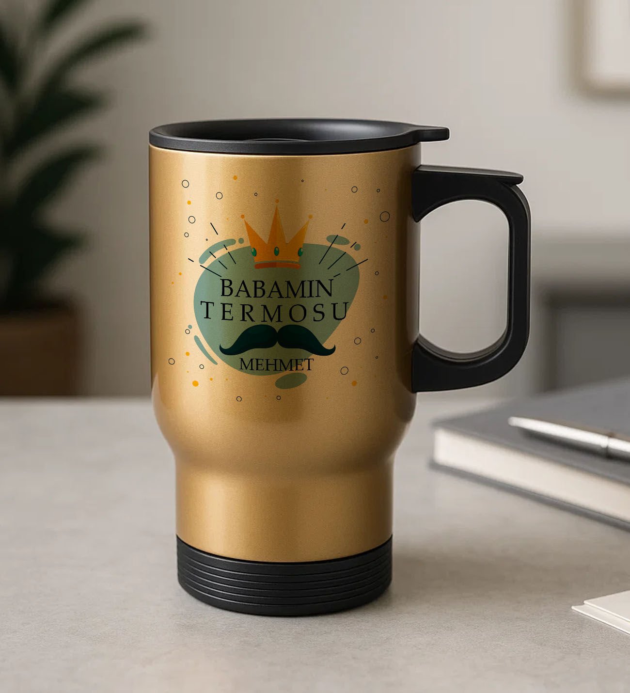 BK Gift Kişiye Özel Babalar Günü Tasarımlı Kulplu Gold Çelik Bardak Termos Mug 450ml-2, Babalar Günü Hediye, Babaya Hediye