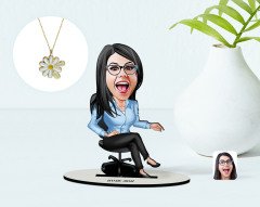 Kişiye Özel Kadın Patron Karikatürlü 3D Ahşap Biblo ve İsimli Tarihli Papatya Kolye Seti-5