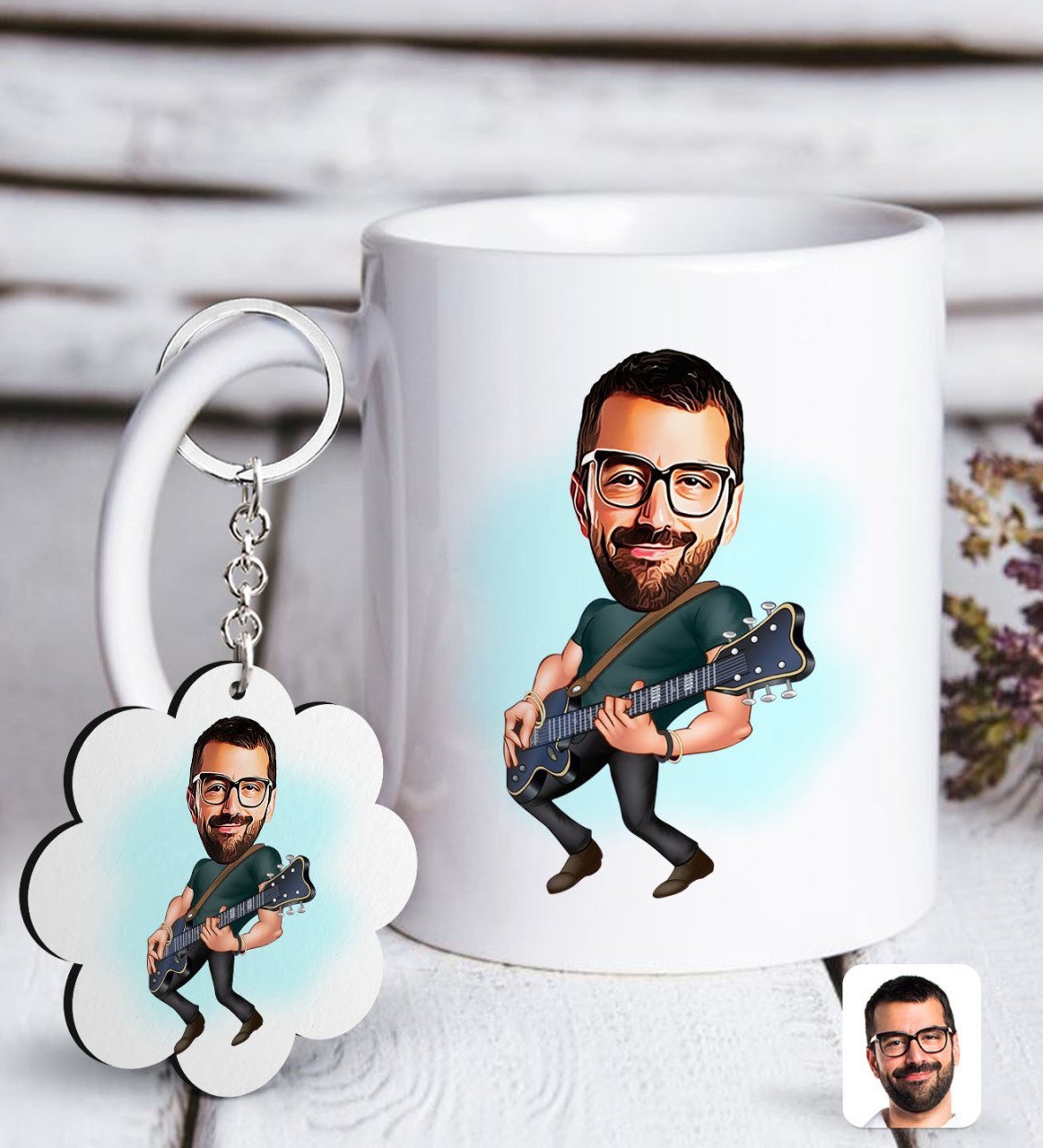 Kişiye Özel Erkek Gitarist Karikatürlü Beyaz Kupa ve Anahtarlık Hediye Seti-1