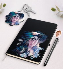 Kişiye Özel Kadın Soyut Karikatürlü Siyah Defter Kalem Ve Anahtarlık Hediye Seti-3