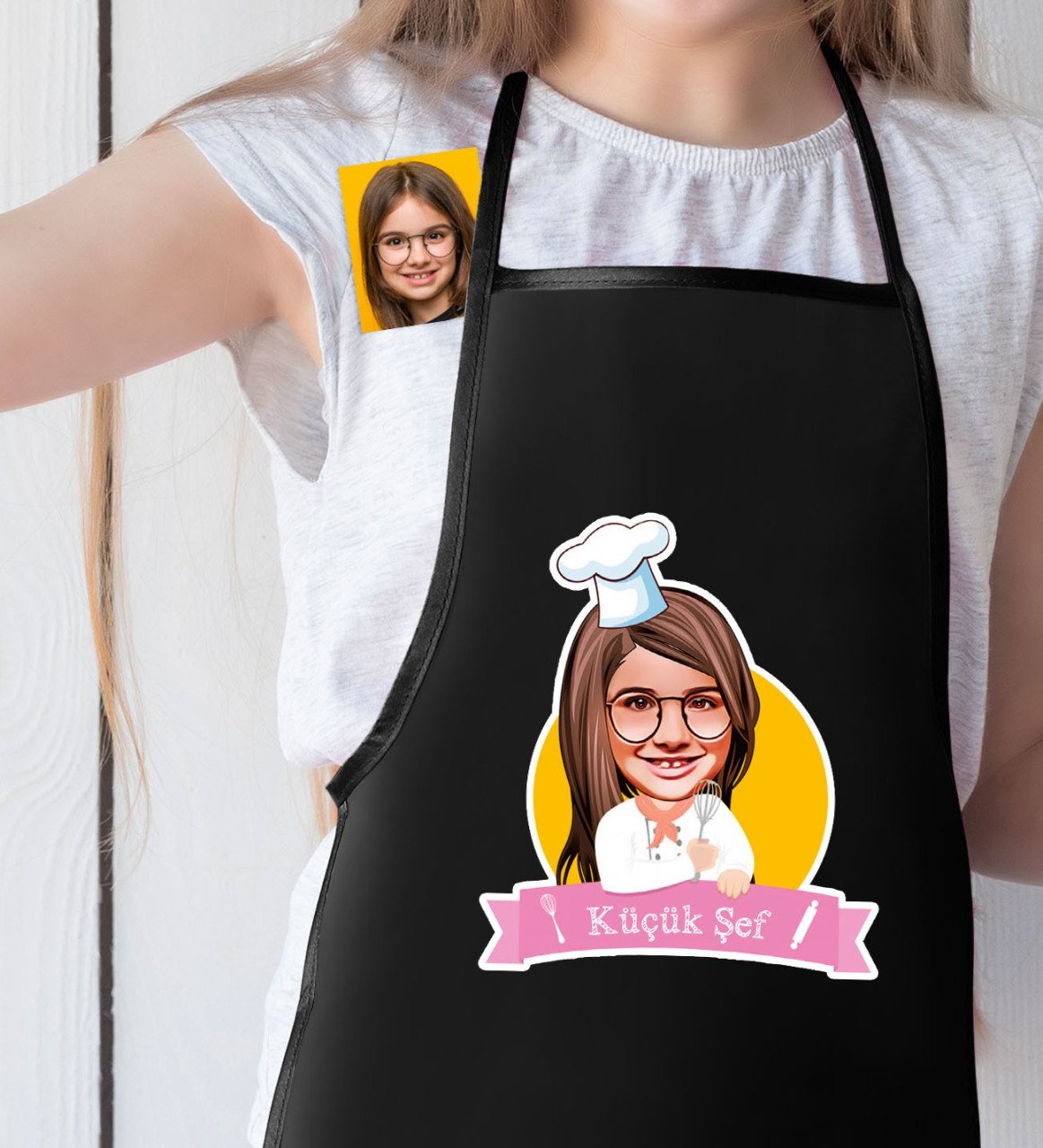 Kişiye Özel Küçük Şef Karikatürlü Kız Çocuk Siyah Mutfak Önlüğü-9