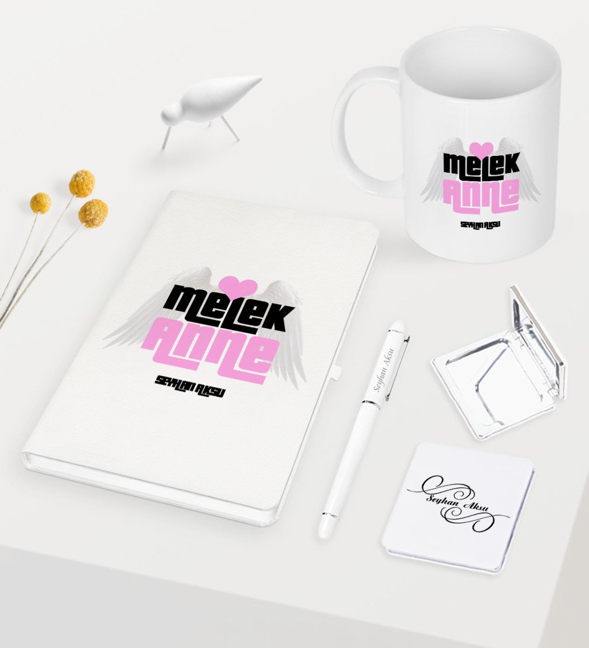 Kişiye Özel Melek Anne Beyaz Defter Kalem Kupa Ayna Seti