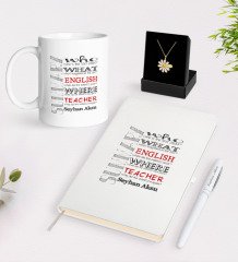 Kişiye Özel İngilizce Öğretmeni Beyaz Kupa Defter Kalem ve İsimli Papatya Kolye Hediye Seti-7