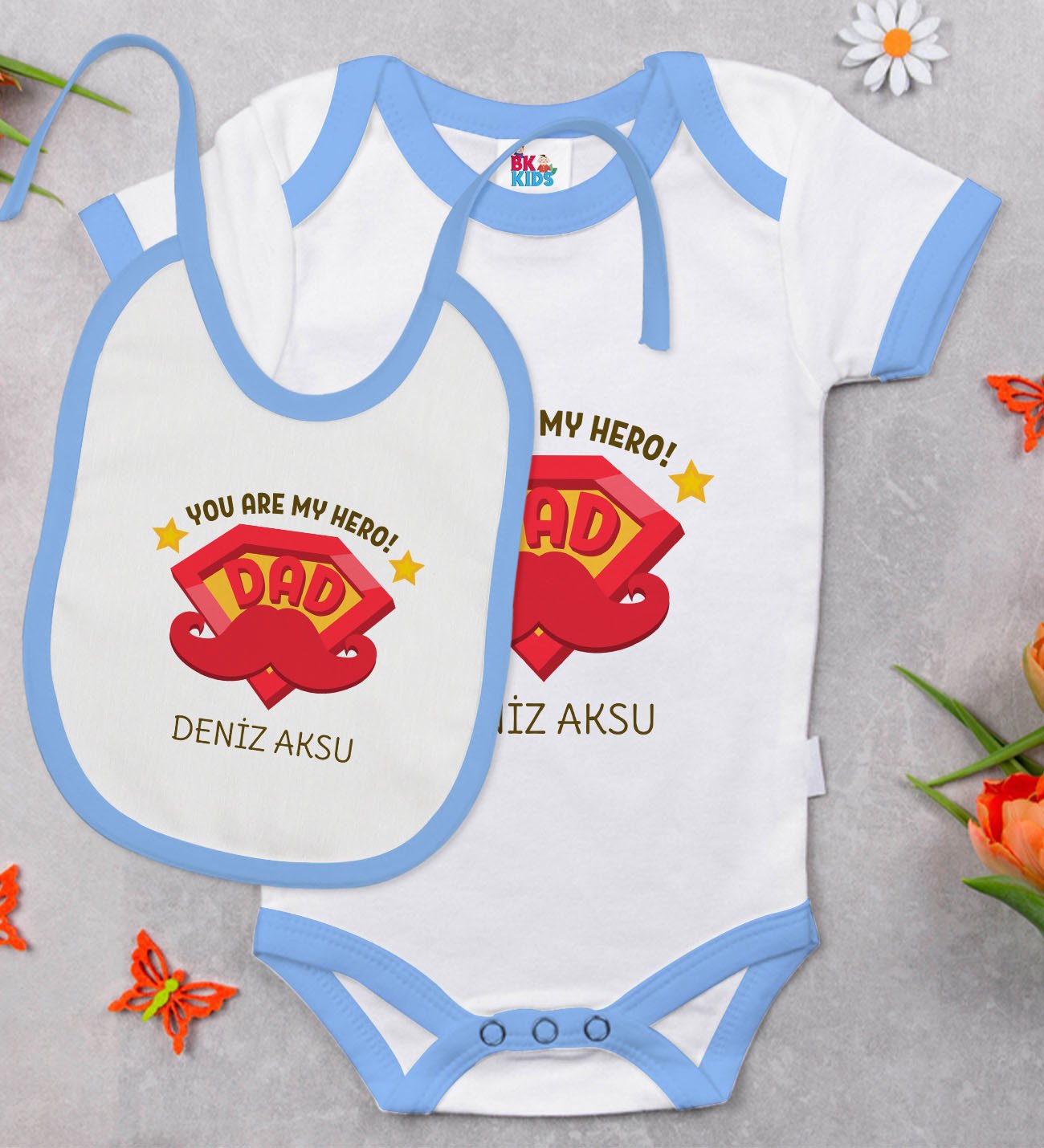 BK Kids Kişiye Özel My Hero Dad Tasarımlı Mavi Bebek Body Zıbın ve Mama Önlüğü Hediye Seti-1